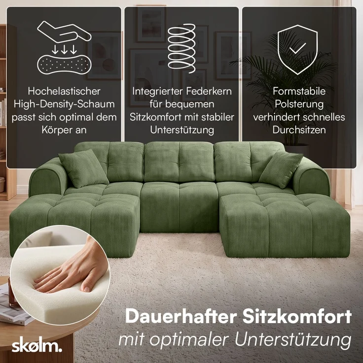 skølm 'Vanaheim' Sofa 3 Sitzer mit 2 Hocker & 2 Kissen, Cloud Sofa dunkelgrün, Chenille-Stoff, Vollschaumcouch mit Federkern und Vakuum-Kompression, kein Aufbau erforderlich – Bild 2