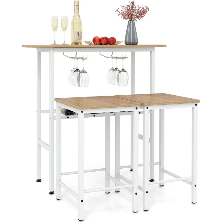 Bartisch mit Barhocker Set 2 Personen Bartisch Set mit Halterungen für Weingläser und Flaschen Natur