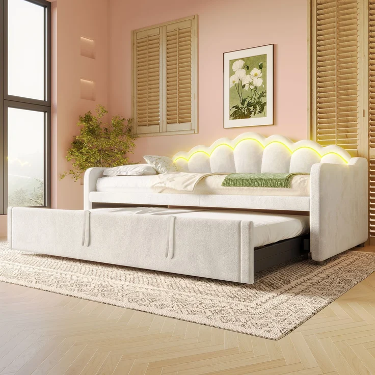 Merax Einzelbett, Kinderbett 90x200cm(180x200cm), Schlafsofa, Tagesbett mit ausziehbarem Bett, Samt, Farbwechselbarer LED-Streifen, Beige – Bild 3