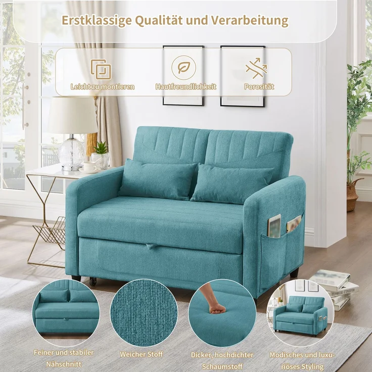 Ausziehsofa mit Schlaffunktion,3-stufig verstellbare Rückenlehne, Baumwoll-Leinen-Bezug, hochdichter Schaumstoff – Bild 6