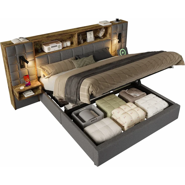 Polsterbett 160x200 mit Stauraum, Systembett Grau, LED & 2 Leselampen, 2 integr, Nachttische, USB Type-C Ladeport, Leinenstoff, inkl, Lattenrost, ohne Matratze – Bild 8