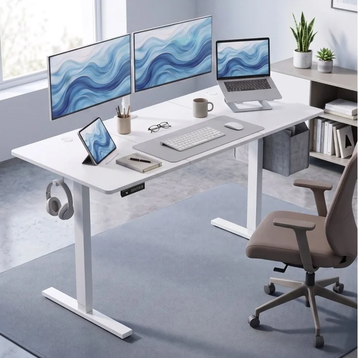 Schreibtisch 140x60x72–118 cm, elektrisch höhenverstellbar, mit Memory-Funktion und Kabeldurchlässen – Bild 1