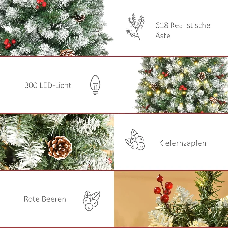 HOMCOM Künstlicher Weihnachtsbaum Vorbeleuchteter Weihnachtsbaum, Tannenbaum, mit LED-Lichter Kunsttanne, Grün+Weiß Ø65x180 cm – Bild 5