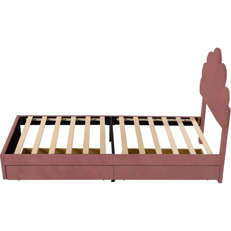 Polsterbett Kinderbett 90x200 cm, Bettrahmen mit geblümtem Kopfteil und Lattenrost, mit 2 Ablagefächern, Mädchenbett-Gästebett aus hautfreundlichem Samtstoff, Rosa – Bild 10