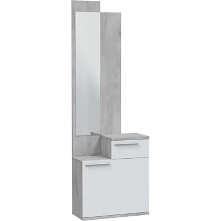 Habitdesign, Schuhschrank mit Spiegel, platzsparendes Garderobenmöbel in Zementgrau und Artik weiß für Flur oder Schlafzimmer, modernes Design, Maße: 61 x 185 x 28 cm (B x H x T), Modell Karen