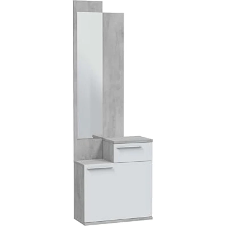 Habitdesign, Schuhschrank mit Spiegel, platzsparendes Garderobenmöbel in Zementgrau und Artik weiß für Flur oder Schlafzimmer, modernes Design, Maße: 61 x 185 x 28 cm (B x H x T), Modell Karen – Bild 1