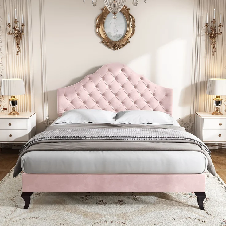 Polsterbett 203*140*118-124cm mit höhenverstellbarem Kopfteil, attenrost und Samtbezug,Rosa – Bild 5
