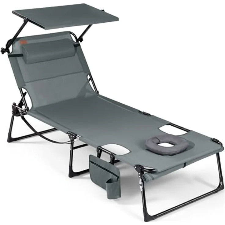 Homecall Sonnenliege mit Gesichtsöffnung und Sonnendach, klappbarer Liegestuhl, 4-Fach verstellbare Rückenlehne, bis zu 180 kg belastbar, für Garten, Strand und Camping (1, Dunkelgrau) – Bild 1