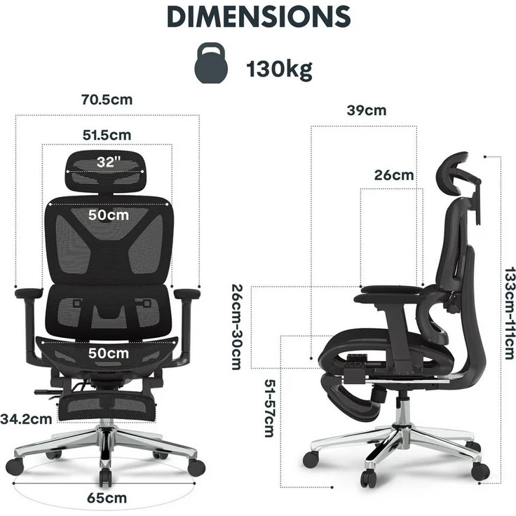 FLEXISPOT Bürostuhl ErgoX, Schreibtischstuhl Premium Ergonomischer (Rückenlehne verstellbar 90°-135°, 3D-Armlehnen, 3D-Kopfstütze, 5D-verstellbare Rückenlehne), Chef-Mesh-Bürostuhl, 130KG Tragkraft, mit Fußstütze – Bild 2