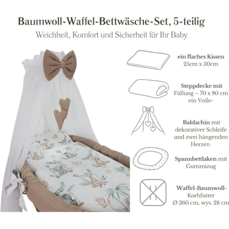 WIKLINOPOL Stubenwagen Lena aus Weide – Babywiege mit Rollen, Matratze, Baldachin & Bettwäsche aus Waffelstoff mit Gänse, handgefertigt, grau Moseskorb – Bild 5