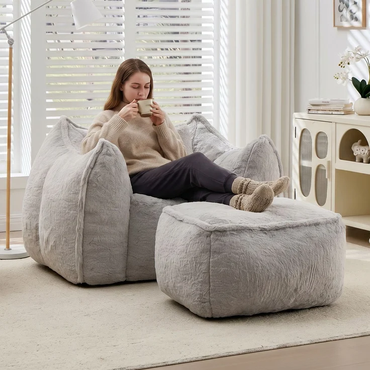 Riesiger Sitzsack für Erwachsene und Kinder, Sitzsack-Sofa mit Kunstfellbezug, Kissen und Hocker, bequemes Lese- und Spielsofa für Schlaf- und Wohnzimmer, Grau--Grau--123x157x73cm--YOUDENOVA – Bild 8