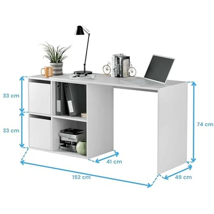 Modularer Schreibtisch mit vier niedrigen Regalen, von denen zwei durch zwei Flügeltüren mit der Möglichkeit der Eckmontage geschlossen werden, Farbe weiß, 152 x 74 x 49 cm. – Bild 3