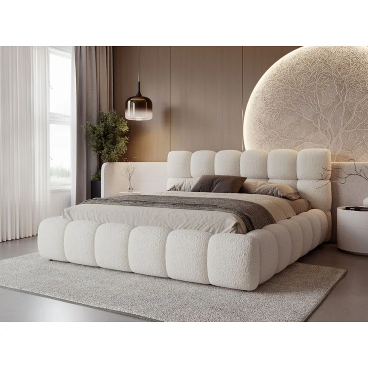 GRAINGOLD Modo Polsterbett 200x200, Doppelbett mit Kopfteil, groß Stauraum, Bouclé-Stoff, Beige – Bild 1