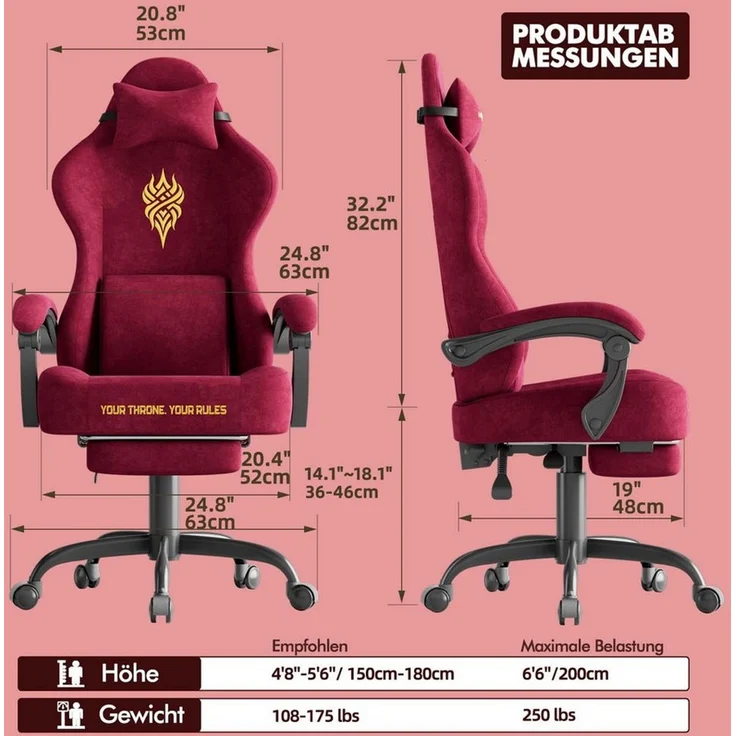 Ferghana Gaming-Stuhl Gaming-Stuhl: Kopfstütze, Lendenkissen, Armlehnen, Fußstütze (Packung), Ergonomischer PC-Stuhl,Rückenlehne 90°-125° – Bild 2