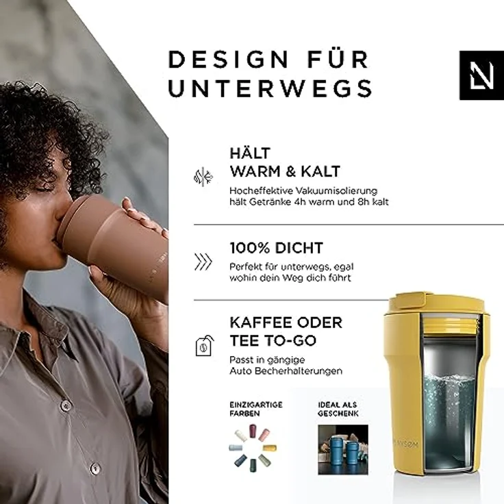 LARS NYSØM Thermo Kaffeebecher to go 380ml | Travel Mug 0,38 Liter mit Isolierung | Auslaufsicherer Edelstahl Thermobecher für Kaffee und Tee unterwegs | Teebecher (Mustard Yellow, 380ml) – Bild 2