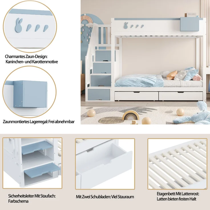 Kinder-Etagenbett 90x200 cm mit Kaninchen-Design, Stauraumleiter, Schubladen, Ablagefach, Massivholz,Weiß & blau – Bild 5