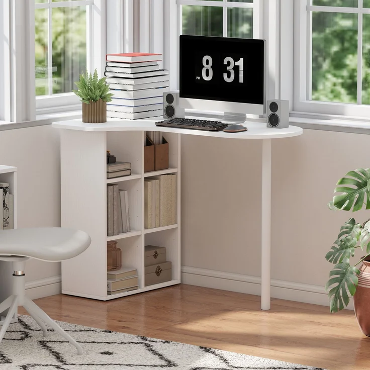 Unregelmäßiger Computertisch 100 x 59 cm mit 6 Fächern, 4 verstellbaren Einlegeböden und Stahlrahmen, weiß – Bild 4