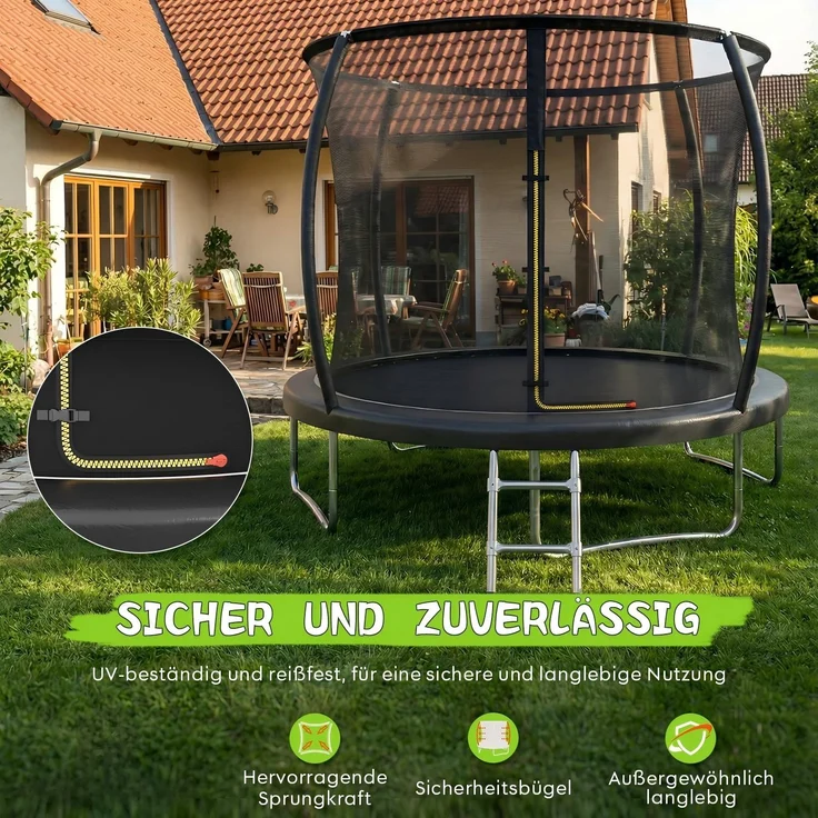 Devoko Gartentrampolin mit Sicherheitsnetz, Leiter, Randabdeckung, Stahlrahmen, Schwarz, Ø 290 cm – Bild 6