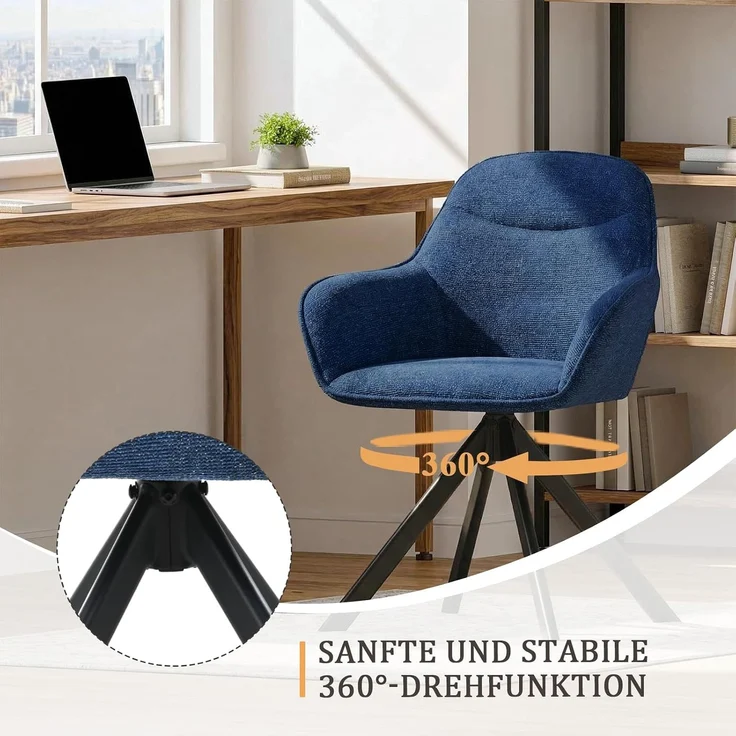 GOEURVANT 1370 Esszimmerstühle 6er-Set mit Armlehnen, 360° Drehbar, Chenille - Blau – Bild 5