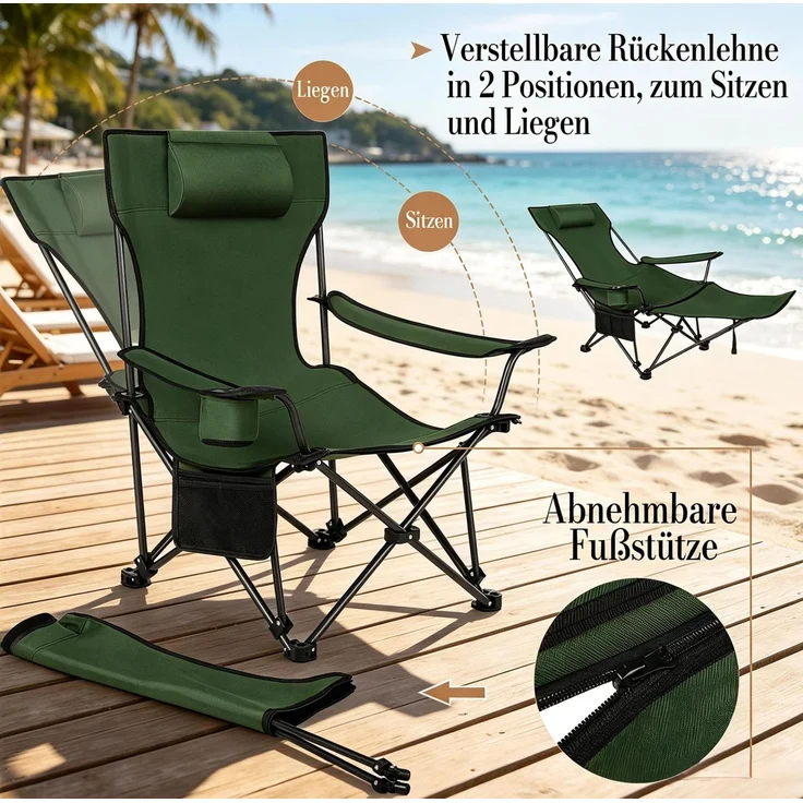 Klappstuhl 115 x 84 x 88,5 cm – verstellbar mit Fußlehne, Kopfstütze, Tassenhalter und Tragetasche – Bild 6