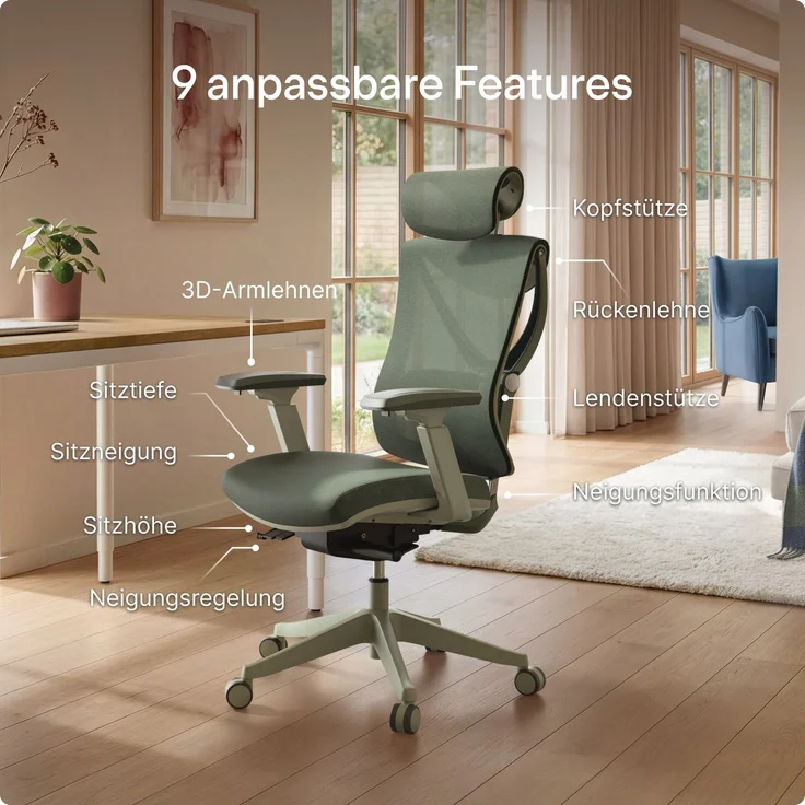 Desktronic Bürostuhl Verstellbarer Ergonomischer SitPro, Grün 3-Dimensional Armlehne, Integrierte 5-Wege-Lendenwirbelstütze – Bild 2
