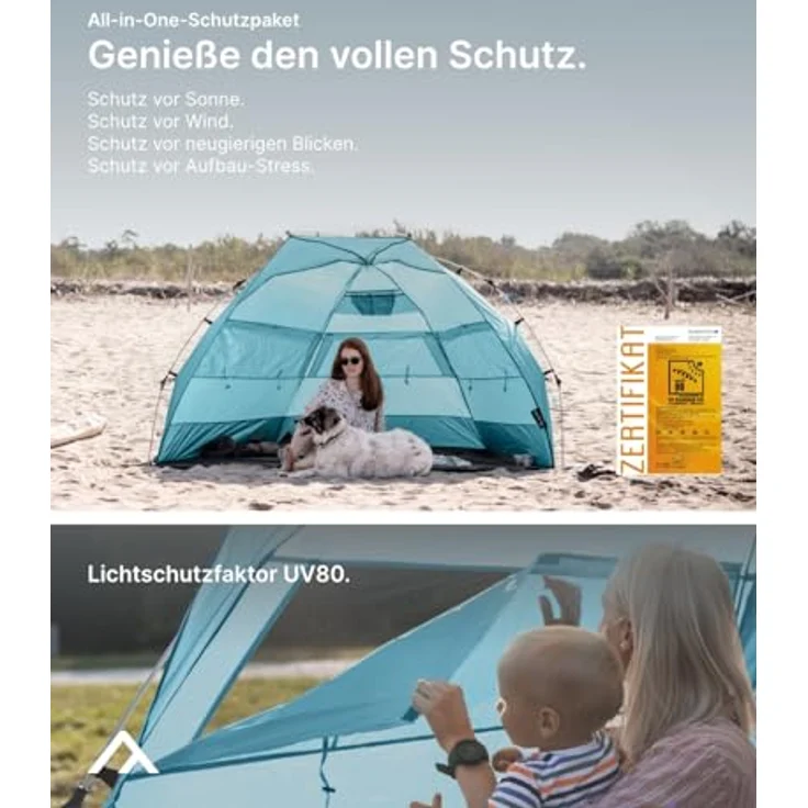 qeedo Quick Bay Pro Große Strandmuschel mit UV-Schutz (UV80) für 3 Personen inkl. Sandheringe und Roll-in-Bag Sonnenschutz - Oceanblue – Bild 2