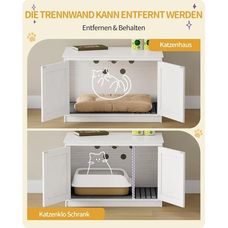 Katzenklo Schrank, Katzenschrank, Katzentoilette mit Herausnehmbarer Trennwand, Katzenhaus, Umkehrbarer Eingang Links oder Rechts, als Sideboard, 80 x 50 x 54 cm, Weiß – Bild 5