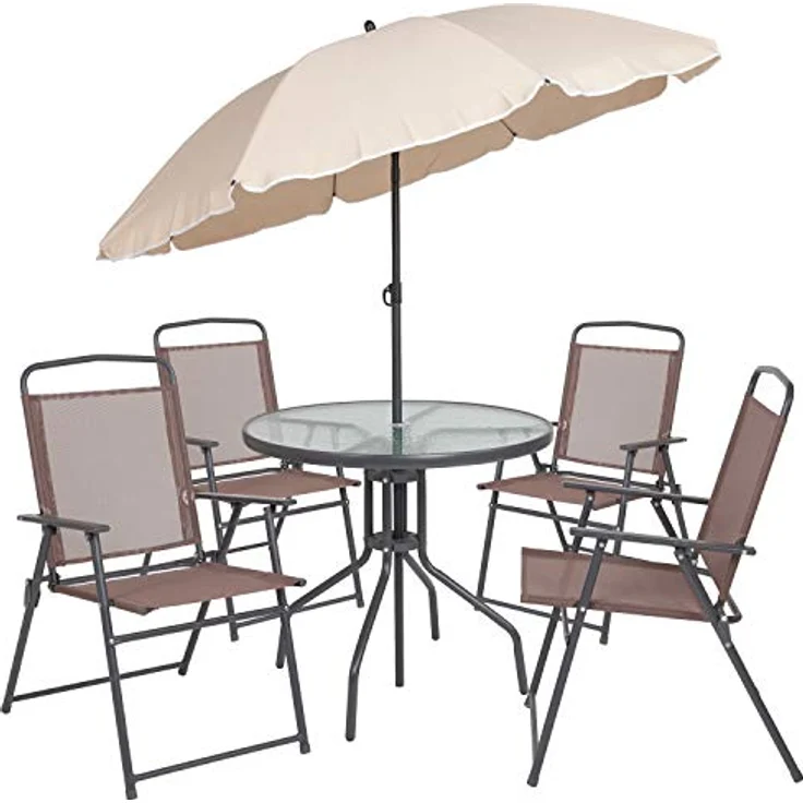 Flash Furniture Nantucket Garten-Set, 6-teilig, Braun, mit Tisch, Sonnenschirm und 4 Klappstühlen – Bild 15