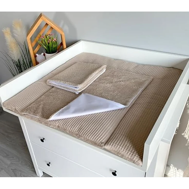 Wickelauflage Set 6-teilig – Wickelunterlage aus Waffelstoff & Frottee mit Druckknöpfen – Baby Wickelauflage – Wickeltischauflage – 85x75 cm (Breite x Tiefe), Altbeige – Bild 3