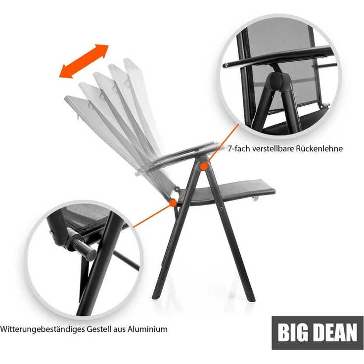 BigDean 2 Stück Gartenstühle dunkelgrau 120 kg belastbar - Balkonstühle Gartenstuhl - Klappstuhl mit 7-fach Verstellbarer Rückenlehne - hochwertiger Campingstuhl für Balkon, Garten & Terrasse – Bild 3