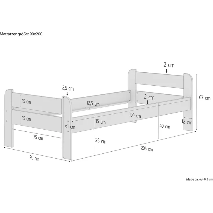 Breites Einzelbett 900x200 Kiefer Echtholz in Eicheton gebeizt mit Rollrost