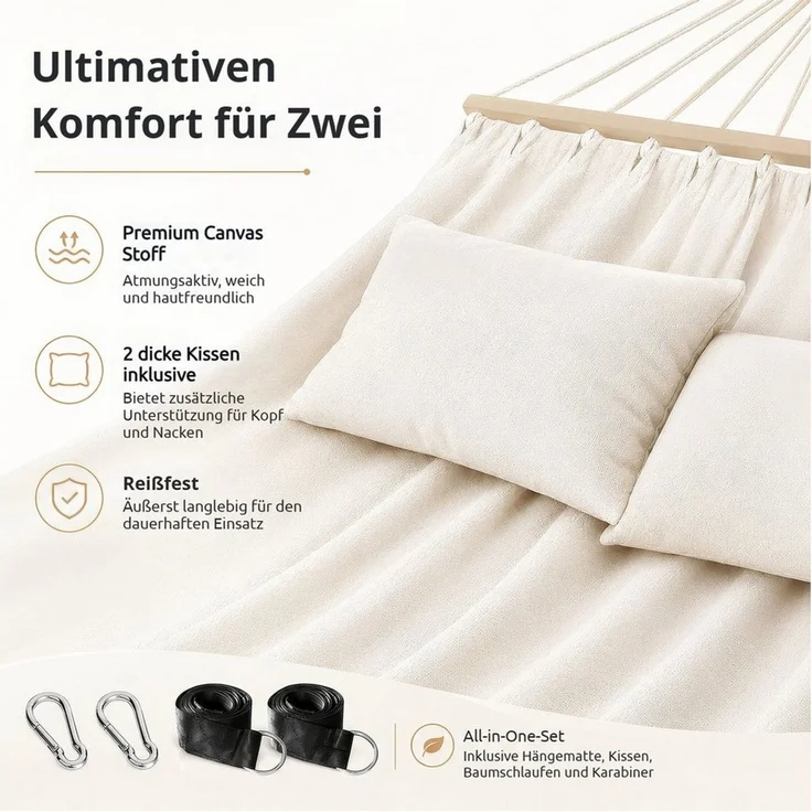 BlingBin Hängematte 2-Personen XXL Doppelhängematte mit Holzspreizstäben & 2 Kissen (1er Set, 1 St, 200*150cm), bis 240 kg Tragkraft für Garten und Balkon – Bild 4