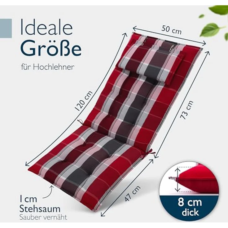 Beautissu Hochlehnerauflage 2er Set Sun-HL, 120x50x8cm, Rot-Anthrazit-Gestreift, mit Kopfpolster, rutschfest und robust, UV 5 Schutz – Bild 3