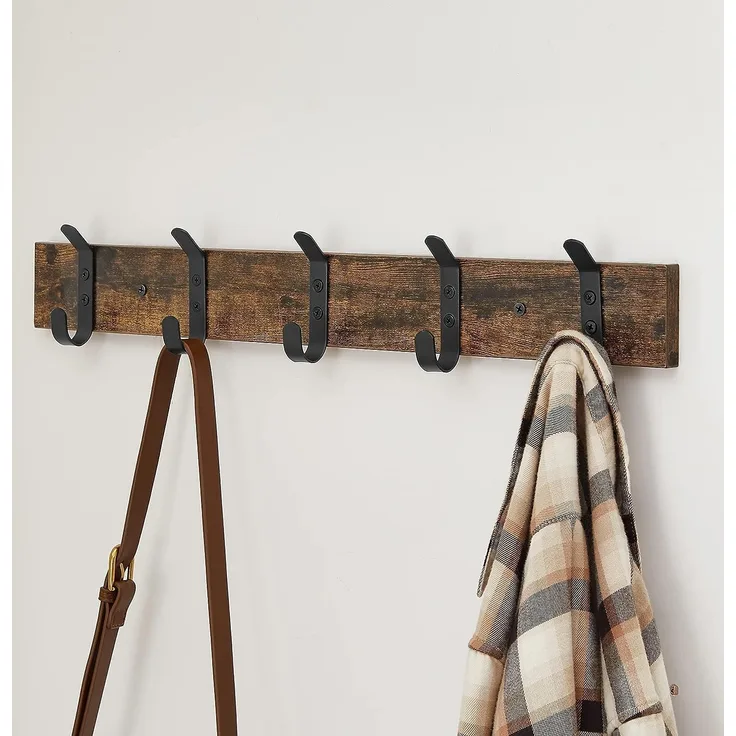 ACAZA Holz Wandgarderobe mit 5 Haken - Kompakte Wandgarderobe - Industriestil - Vintage Braun / Schwarz