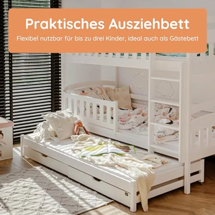 Kids Collective Hochbett mit Ausziehbett, zwei Schubladen, Lattenrost & Rausfallschutz, umbaubar in drei Einzelbetten, Kieferholz weiß, 90x200 cm – Bild 6