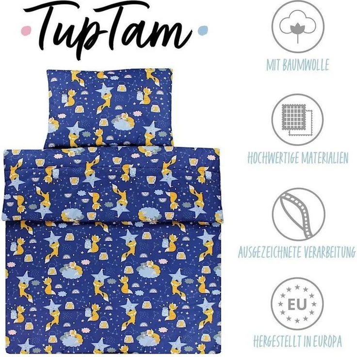 TupTam Kinderbettdecke-Set, Ganzjahresdecke, 2tlg., 1x Bettdecke, 1x Flachkissen, Füchse Sternbild / Dunkelblau, 135x100 cm – Bild 2
