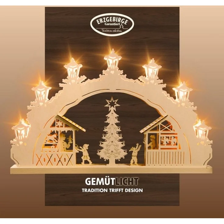 Weigla Schwibbogen Weihnachtsmarkt, Lichterbogen aus Holz, NATUR, Made in Germany (1-tlg), Erzgebirge garantiert, Weihnachtsdeko Innen, Weihnachtsbeleuchtung – Bild 4