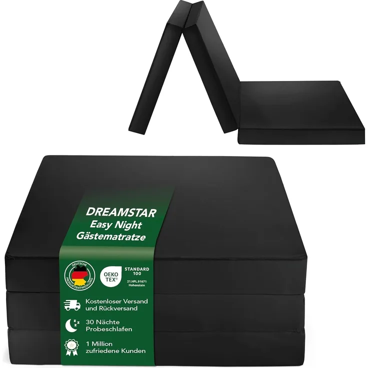 Dreamstar Easy Night | 3-teilige Faltbare Gästematratze | 7 cm hoch | Öko-Tex Zertifiziert | Klappmatratze schwarz | 60x190 cm