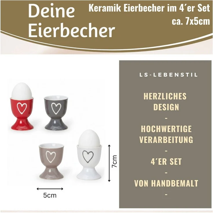 LS-LebenStil Eierbecher 4 Keramik Eibecher Set Herz Grau Weiß Rot Braun Gute Laune Eierhalter, (Exklusive edle Eihalter, perfekte Deko am Frühstückstisch, 4-tlg, für das perfekte Frühstücksei, Geschenk zur Hochzeit, Verlobung), Muttertag, Vatertag, Ost... – Bild 2