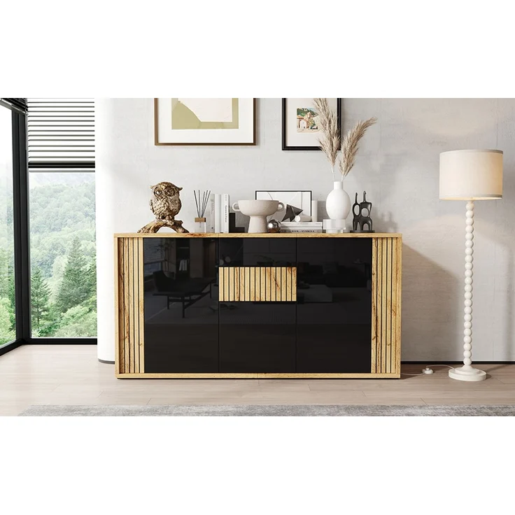 ZUBALIYA Sideboard 140x35x71 cm, mit 3 Türen, aus MDF / Spanplatte, Schwarz / Natur – Bild 15
