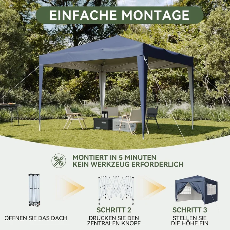 Aoxun Pop Up Pavillon 3x3 Wasserdicht mit 4 Seitenwänden, Metallrahmen-Schutzzelt, Höhe Verstellbar, 3mx3m Faltpavillon mit Tragetasche für Camping Party, Blau – Bild 7