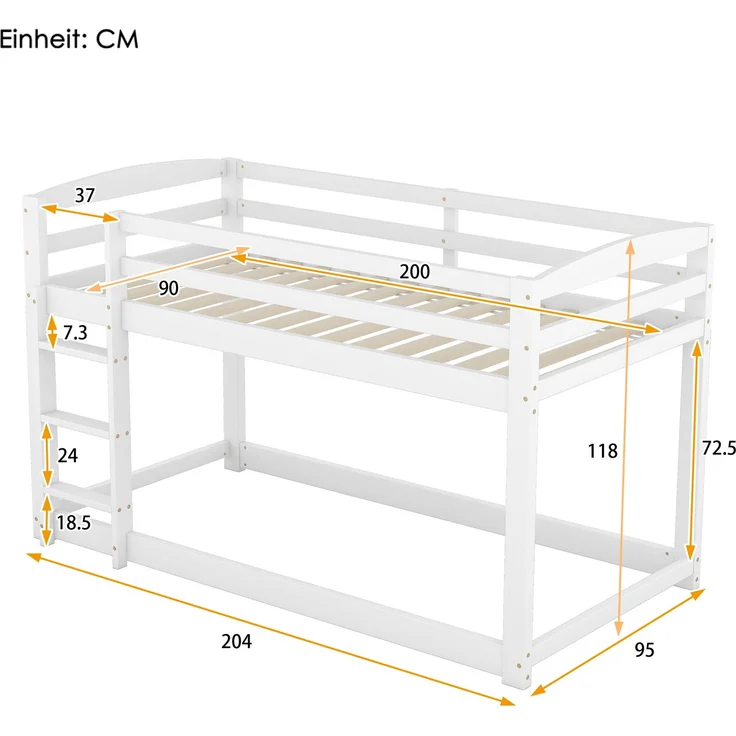 Kinder Etagenbett 90x200 cm,Platzsparendes Holz-Etagenbett mit Leiter und Sicherheitsgeländer,Jugendbett,Weiß – Bild 5