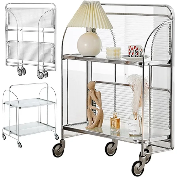 Rhein Beleuchtung Servierwagen Faltbarer Edelstahl-Servierwagen mit Glasablagen 2 Etagen, (Barwagen 68×38×80 cm, kein Aufbau nötig, mobil & modern), Küchenwagen auf Rollen mit Bremse, klappbar & platzsparend