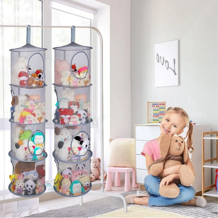 Mutig Hängeregal 2 Stück Set Hängeregal Mesh Hängende Netz-Aufbewahrungstasche, 4 Stufe Faltbare Hängeaufbewahrung Organizer, Hängender Speicherkorb, Kuscheltiere Hängeregal für Kleine Kleidung – Bild 2