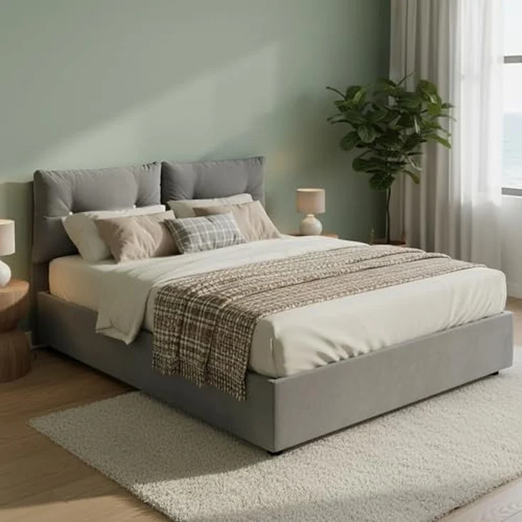 Talamo Italia - Fabiana Doppelbett, Bettkasten mit Stoffbezug, 100 % Made in Italy, Öffnung vorne, geeignet für Matratzen 160 x 200 cm, Grau – Bild 1