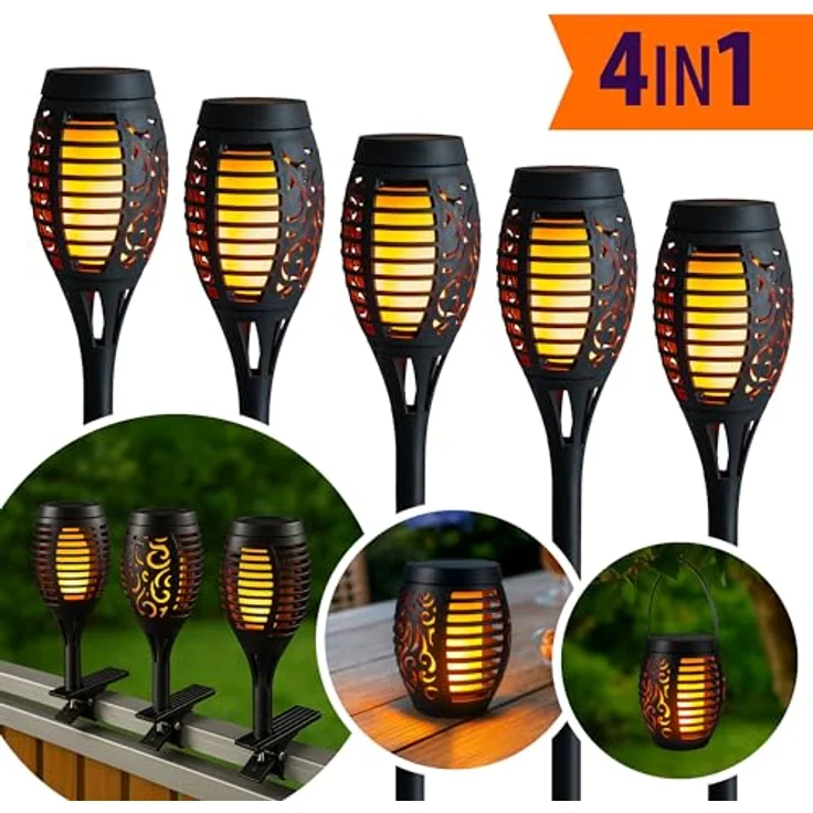 IC Gardenworld Solar Gartenfackel 5er Set mit Flammeneffekt, 4 in 1 Funktion, wetterfest, inkl. Akku, schwarz – Bild 5