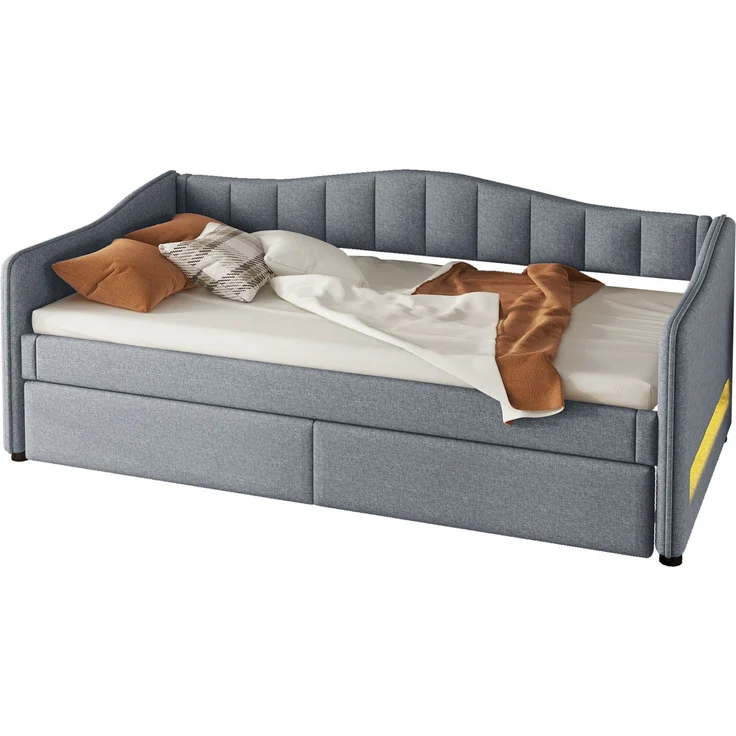 Daybett 90x200 cm mit ausziehbarem Rollbett, LED-Beleuchtung und Leinenbezug in Grau – Bild 8