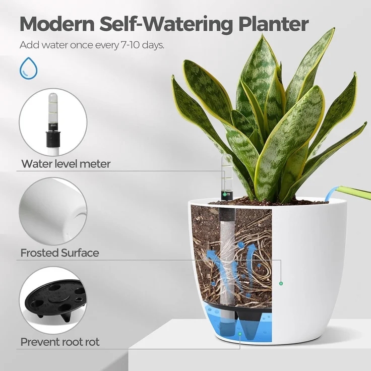 T4U 15cm Weiß Selbstwässernder Blumentopf Set 4er-Set mit Wasseranzeiger – Bild 6