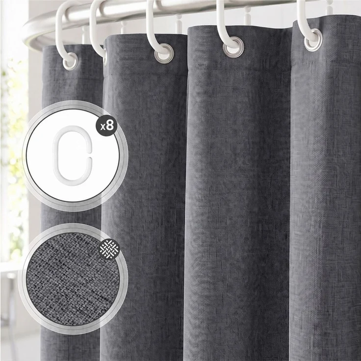 Sekey Duschvorhang Textil Duschvorhang Wannenvorhang Waschbar wasserabweisend mit Ringe Breite 180 cm (Packung, inkl. 12 Ringe), Badewannenvorh, 100% Polyester, Leinenoptik 180x200cm Graphitgrau – Bild 2