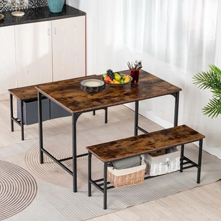 FurnitureR 3-teiliger Esstisch Set mit 2 Aufbewahrungsbänken, Vintage Holzplatte, schwarzer Metallrahmen, 110 cm Küchentisch, 2 Aufbewahrungsbänke von 100cm je, rustikal braun und schwarz – Bild 1